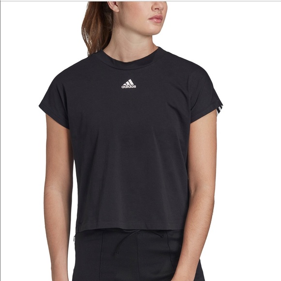 Adidas Black Three Striped Cropped T-Shirt. NEW M - Picture 2 of 6
